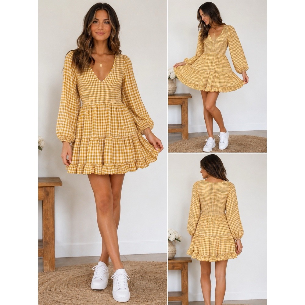 Mister Zimi Women's 8 Yellow White Gingham Smocked V-Neck Puff Sleeve Mini